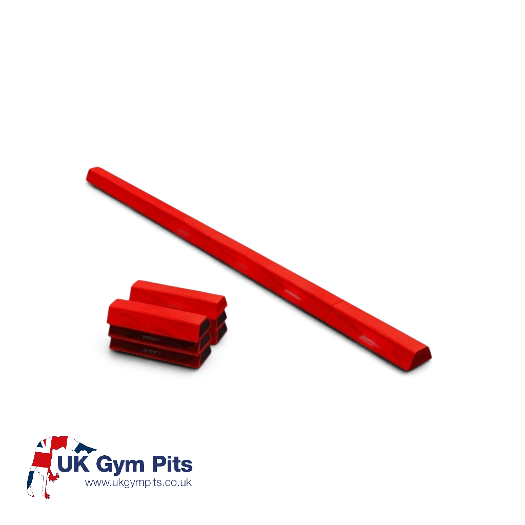 UK Gym Pits red segmented PE foam balance beam with anti-slip base and Velcro connectors for gymnastics training