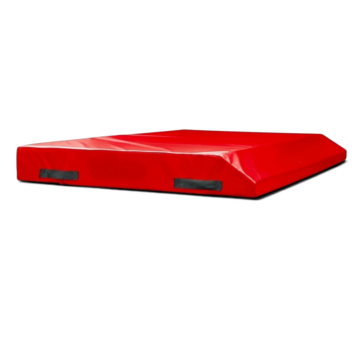 UK Gym Pits red single wedge trampoline spotting end deck mat with handles and reinforced PVC cover.