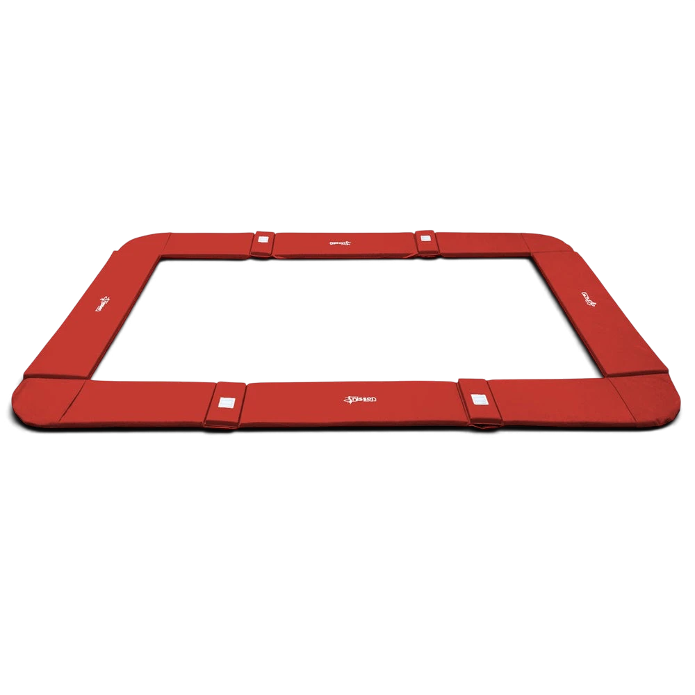 UK Gym Pits red foam and PVC coverall frame pads for a junior trampoline with elasticated attachment straps