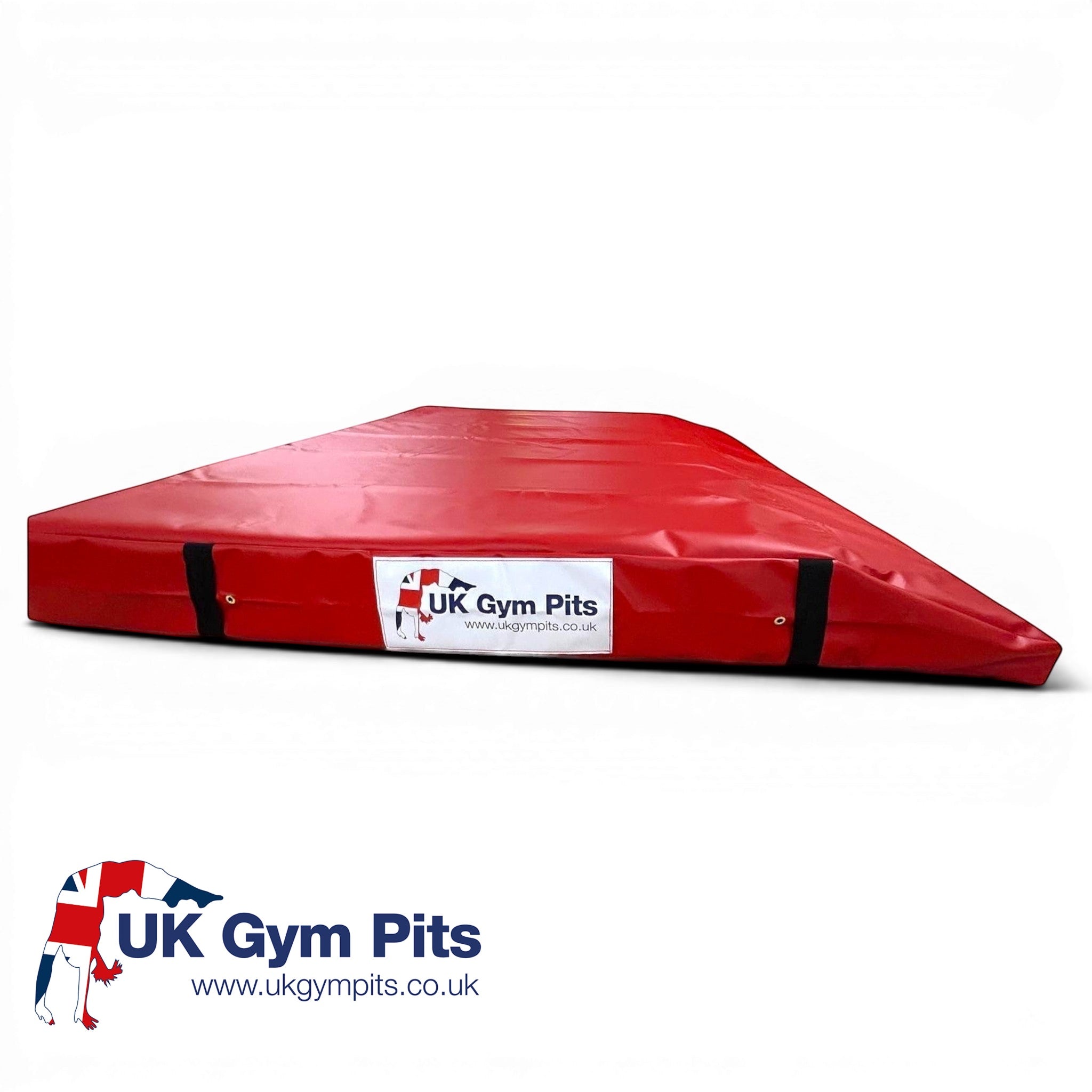 UK Gym Pits red single wedge trampoline spotting end deck mat with reinforced PVC cover and side handles