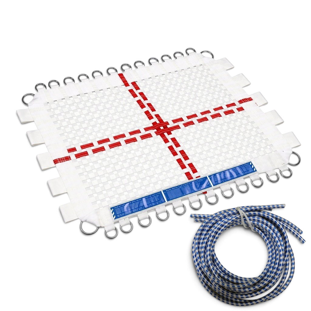UK Gym Pits white web trampoline bed with red cross markings and metal rings for super mini tramp replacement
