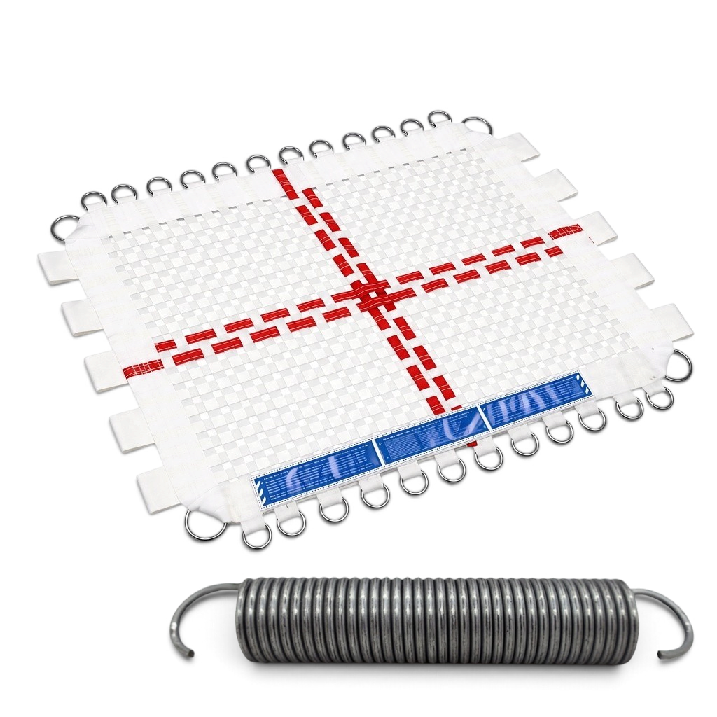UK Gym Pits white web trampoline bed with red cross markings and metal rings for super mini tramp replacement