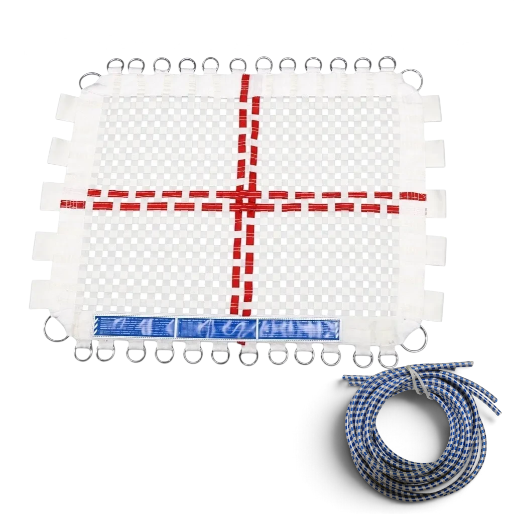 UK Gym Pits white webbed trampoline replacement bed with red cross markings and metal attachment rings