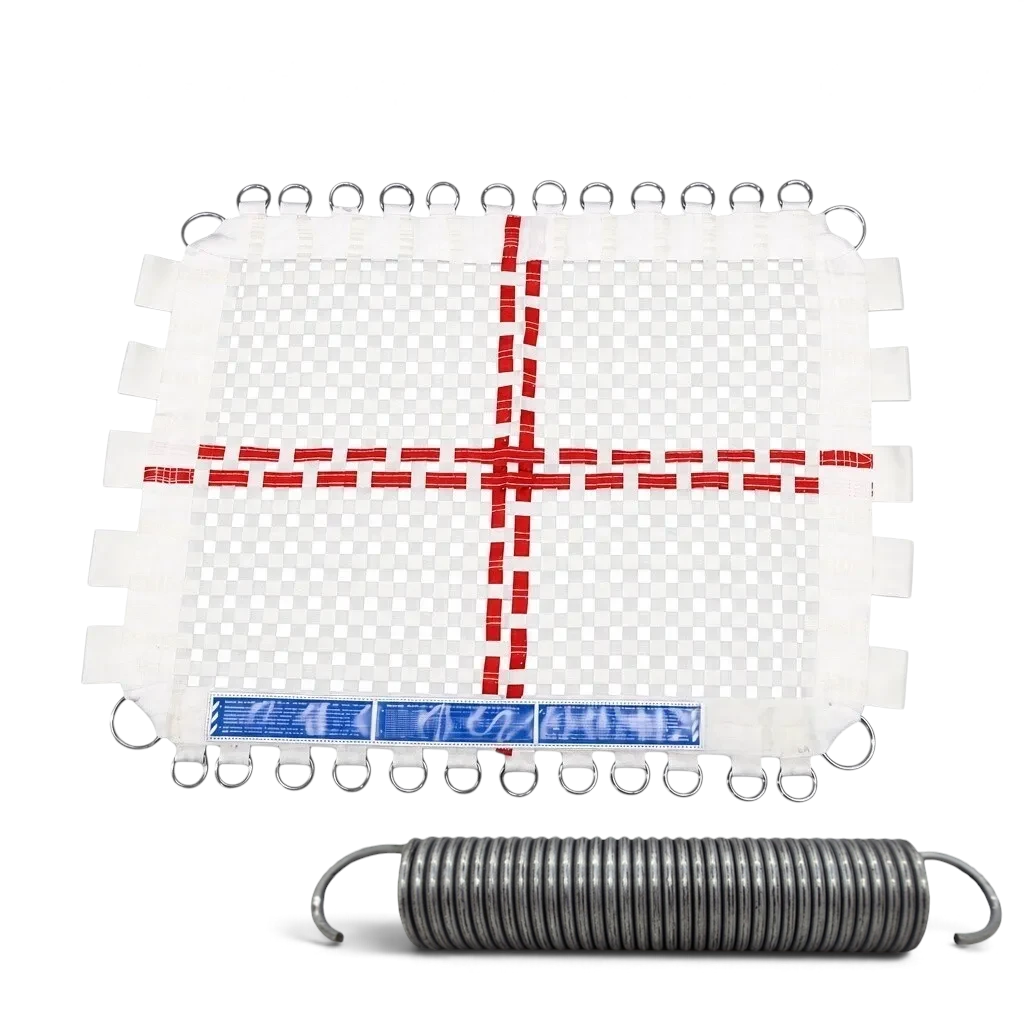 UK Gym Pits white web trampoline bed with red cross markings and metal attachment rings for super mini trampolines