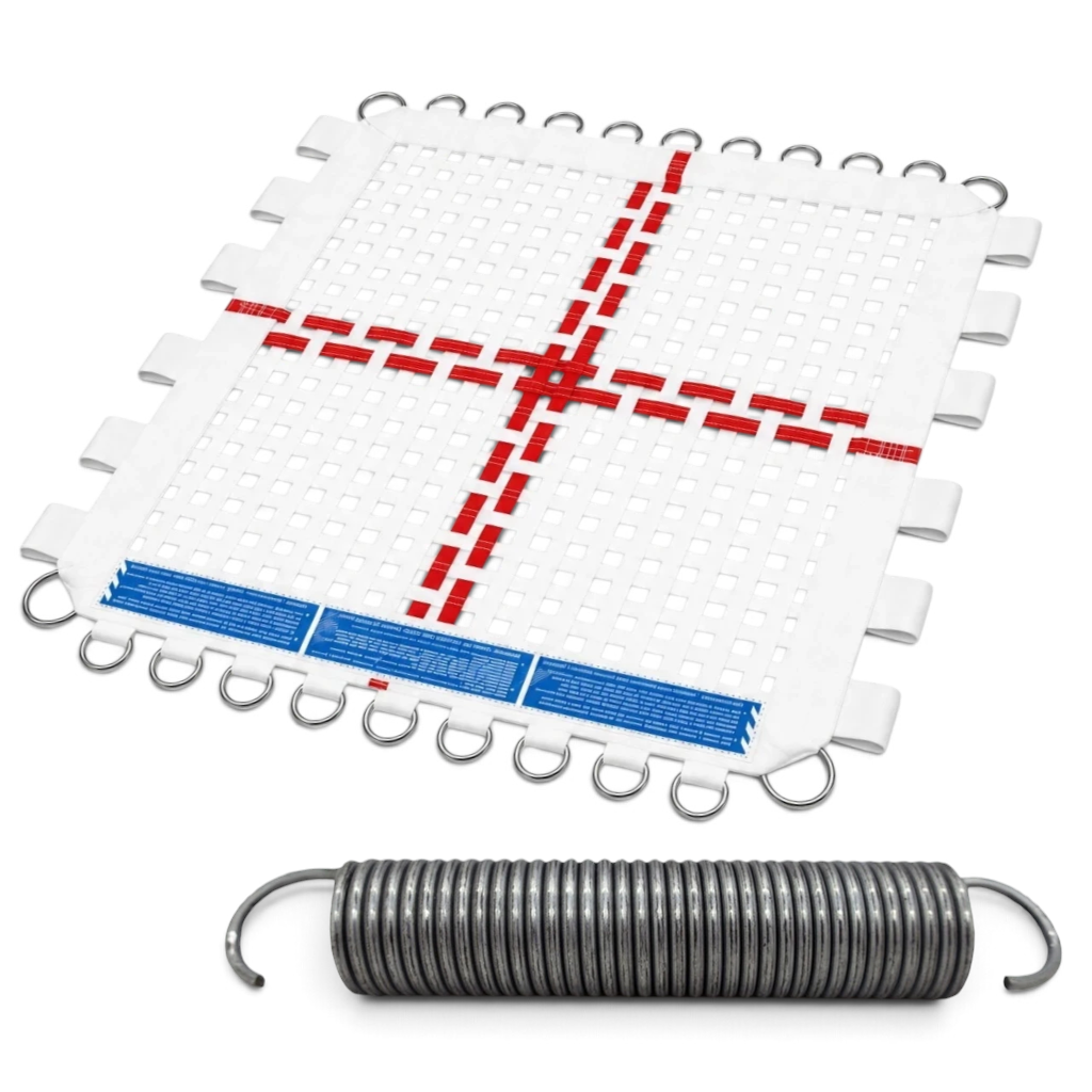 UK Gym Pits white web trampoline bed with red center markings and metal rings for super mini tramp replacement