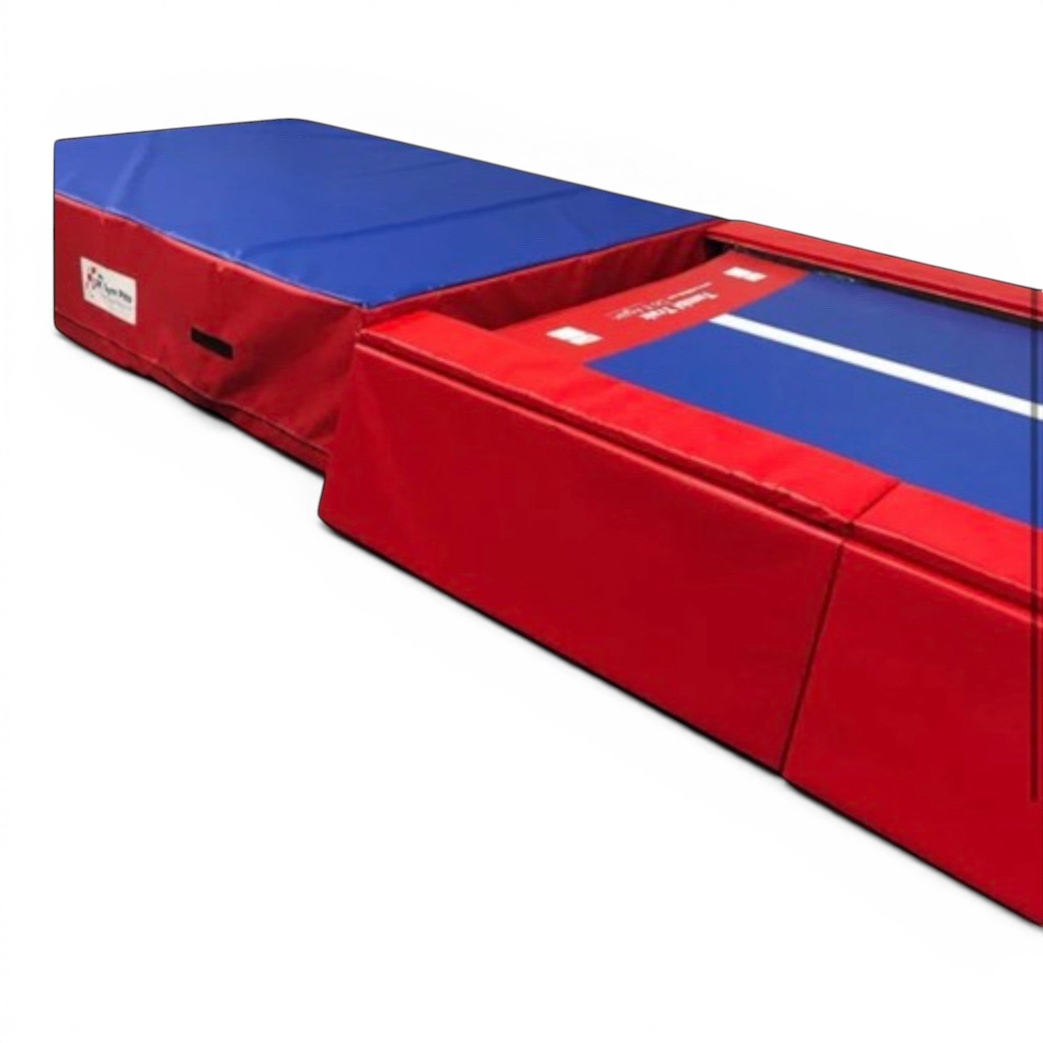 UK Gym Pits resi foam landing pit with blue and red PVC cover, designed for safe gymnastics and parkour training.