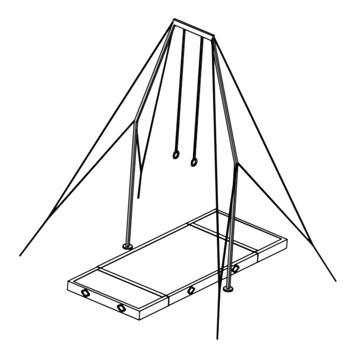 UK Gym Pits FIG approved ring frame landing mats shown in a technical line drawing with a gymnastics ring frame.
