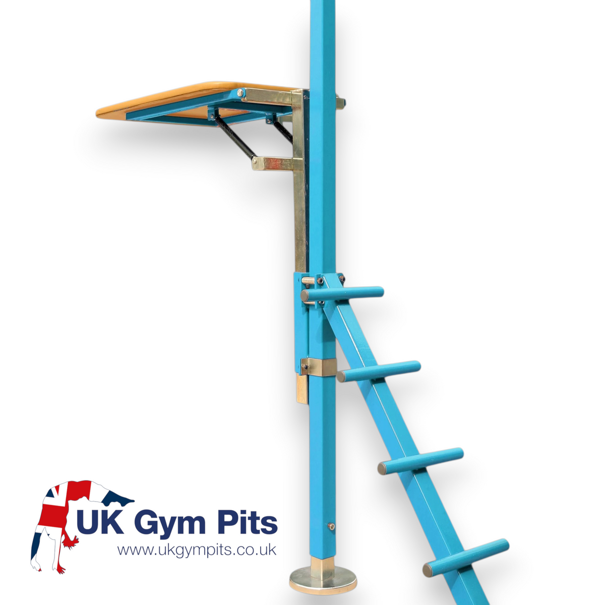 UK Gym Pits ring frame spotting platform with blue steel frame, wooden platform, and integrated access ladder