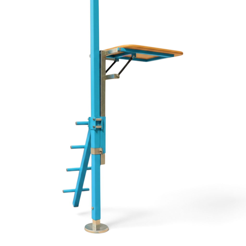 UK Gym Pits ring frame spotting platform with a blue steel frame, wooden platform, and integrated access ladder.