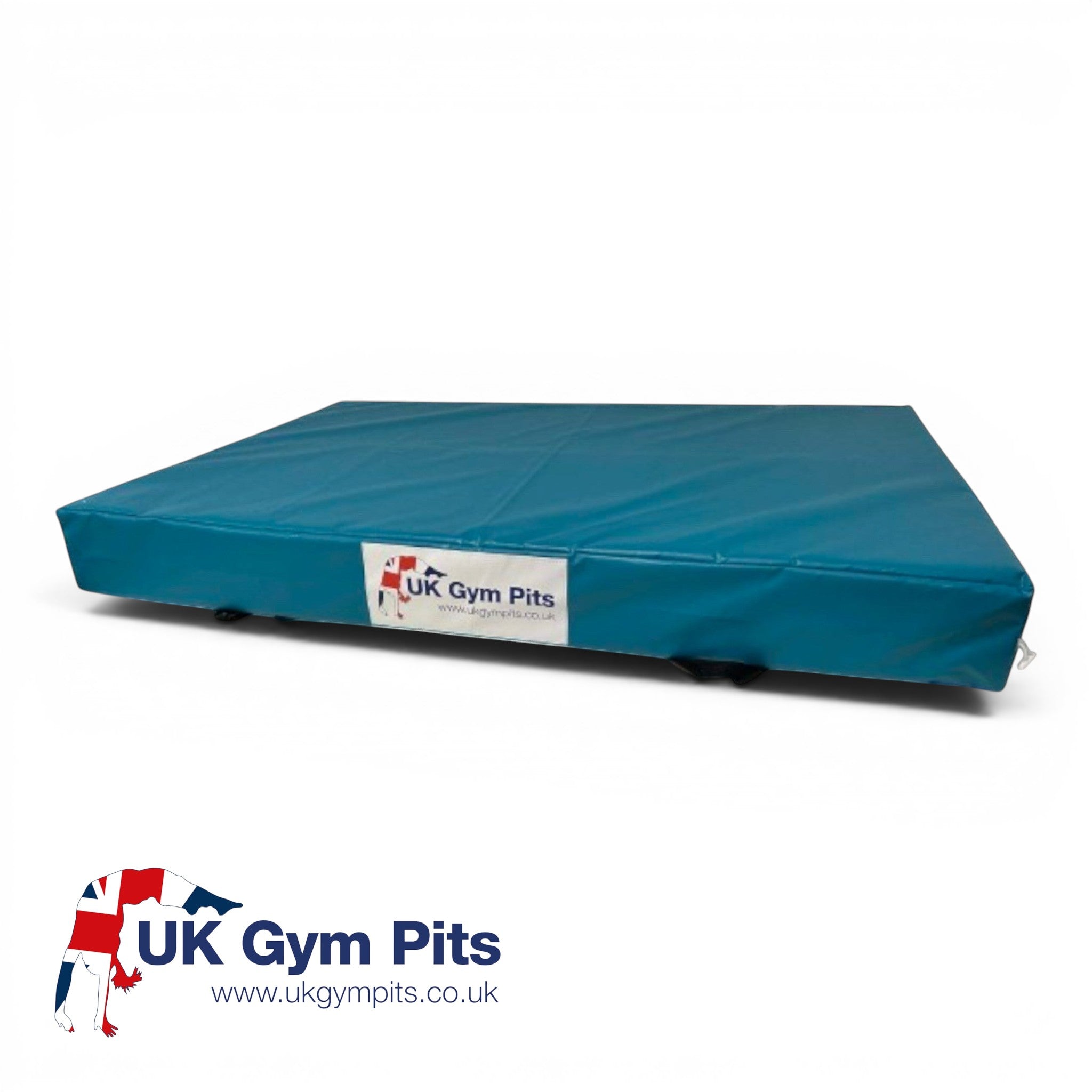 UK Gym Pits royal blue crash mat with shock-absorbing foam, heavy-duty PVC cover, and anti-slip base for gymnastics.
