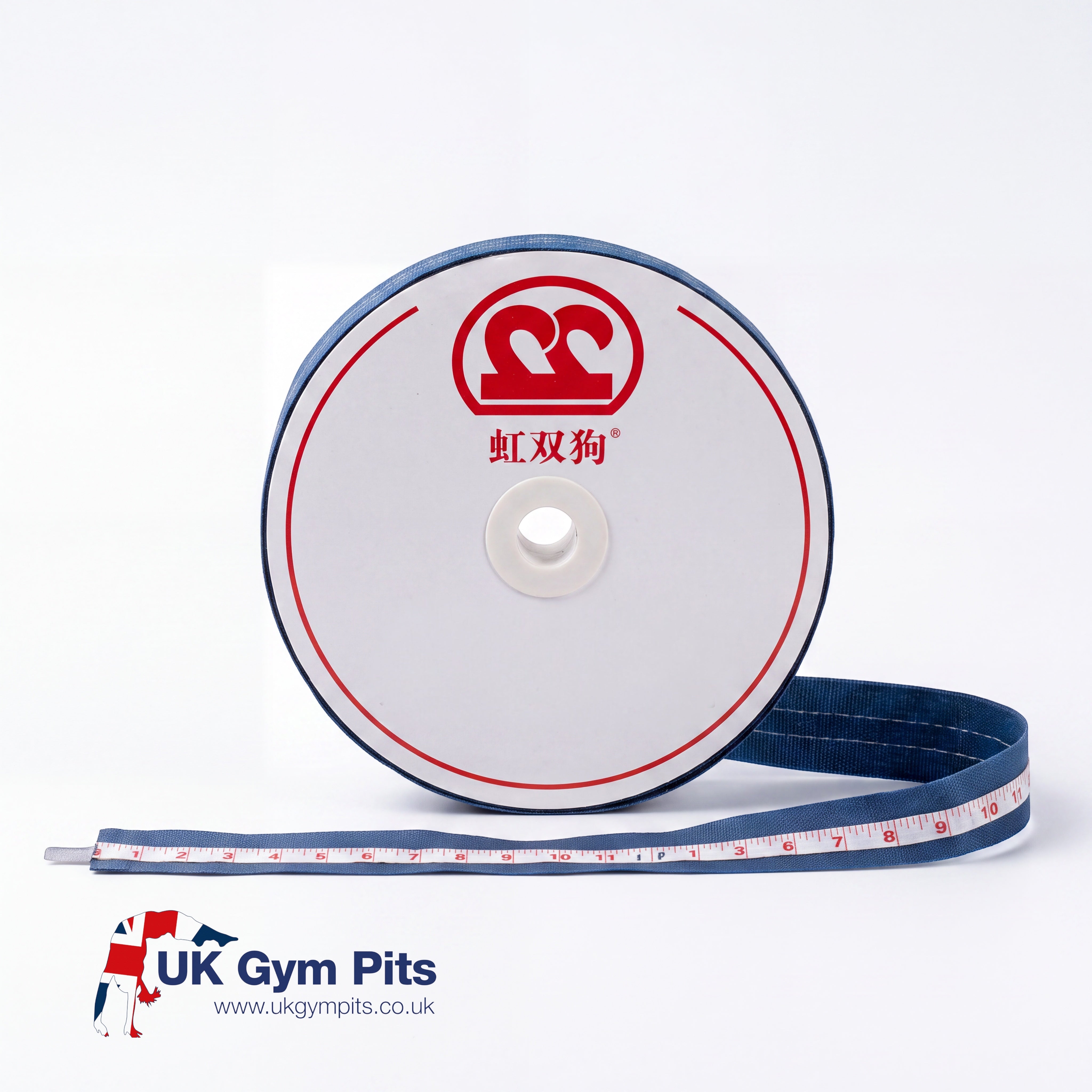 UK Gym Pits runway tape measure with blue fabric, Velcro backing, and clear centimeter and meter markings on a roll.