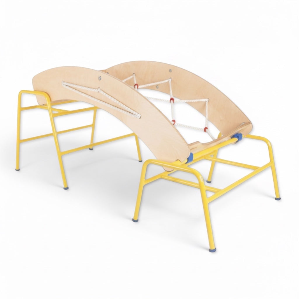 UK Gym Pits Gym Time Scramble Net with natural timber frame and climbing rope bridge for children's agility training.
