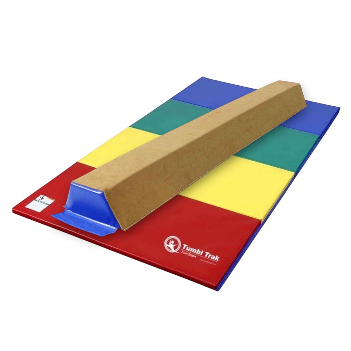 UK Gym Pits sectional suede balance beam placed on a multi-coloured folding vinyl tumbling mat for gymnastics training