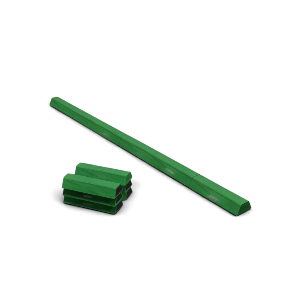 UK Gym Pits segmented green foam floor beam for gymnastics practice with anti-slip base and Velcro connectors