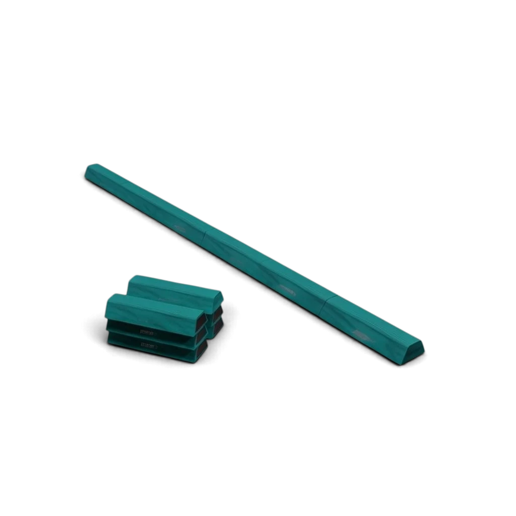 UK Gym Pits segmented teal PE foam floor balance beam with anti-slip base and Velcro connectors for gymnastics training