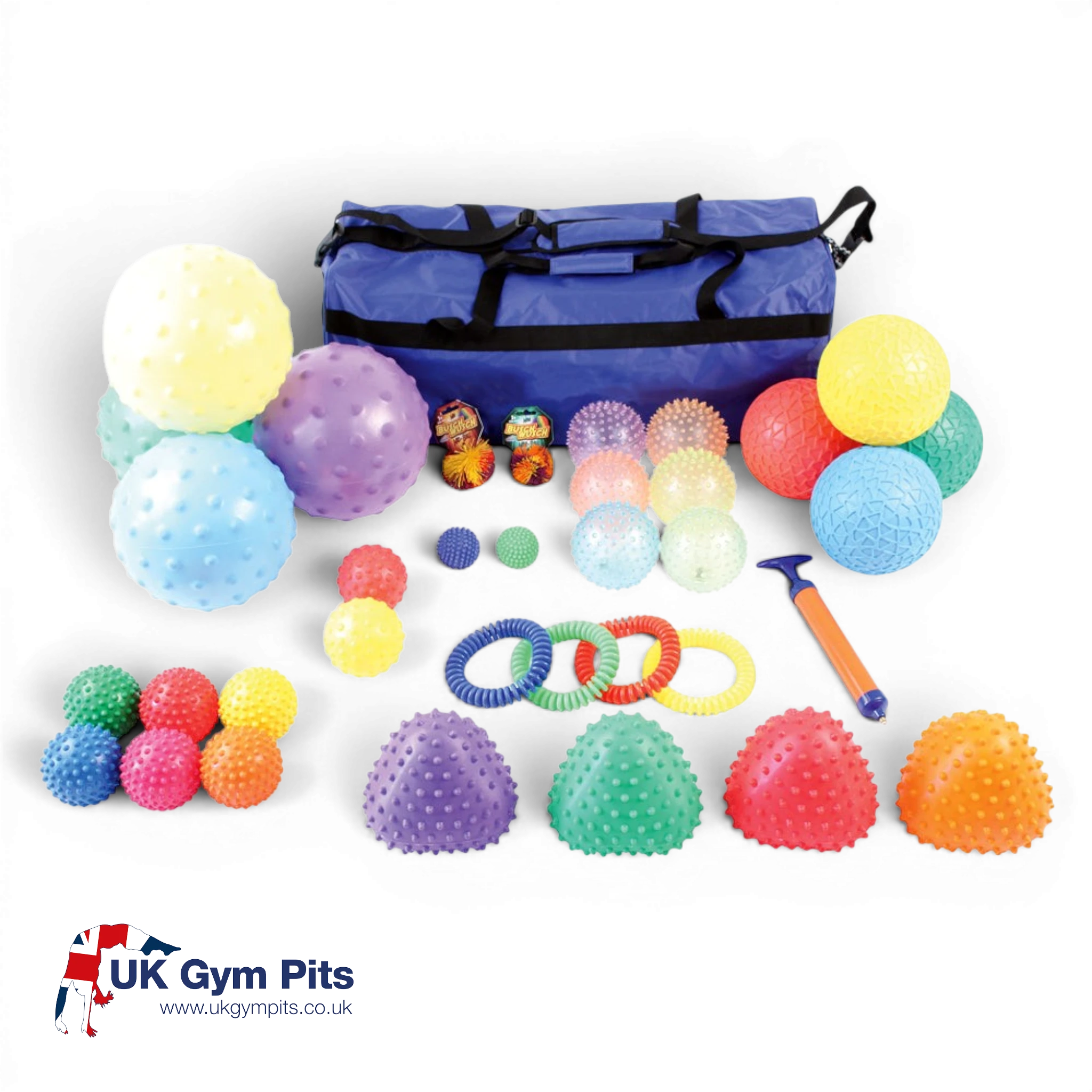 UK Gym Pits sensory ball set featuring 35 tactile balls, rings, and domes in various colours with a storage holdall.