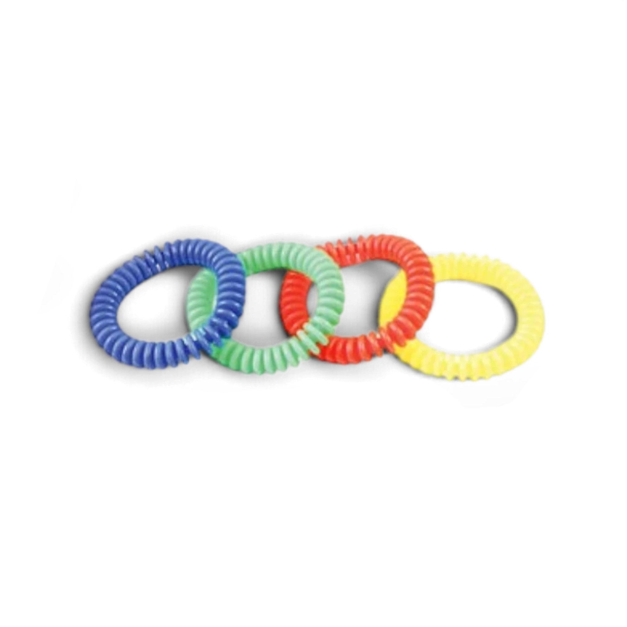UK Gym Pits sensory ball set featuring four colourful textured rings in blue, green, red, and yellow for tactile play.