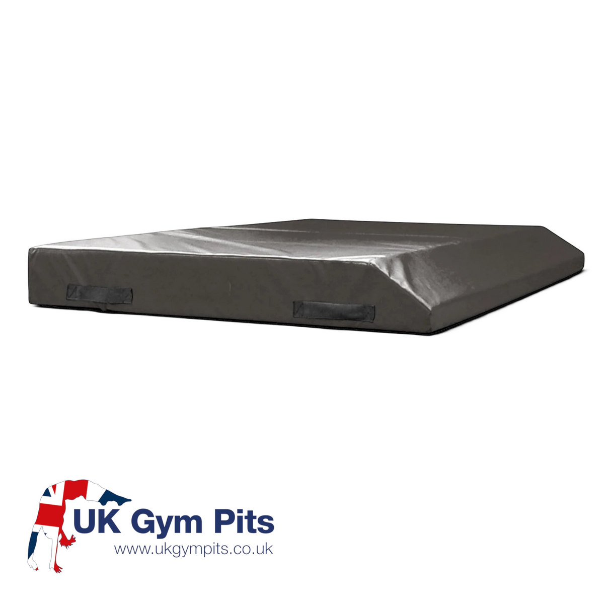UK Gym Pits single wedge trampoline spotting end deck mat in grey PVC with side handles on a white background.