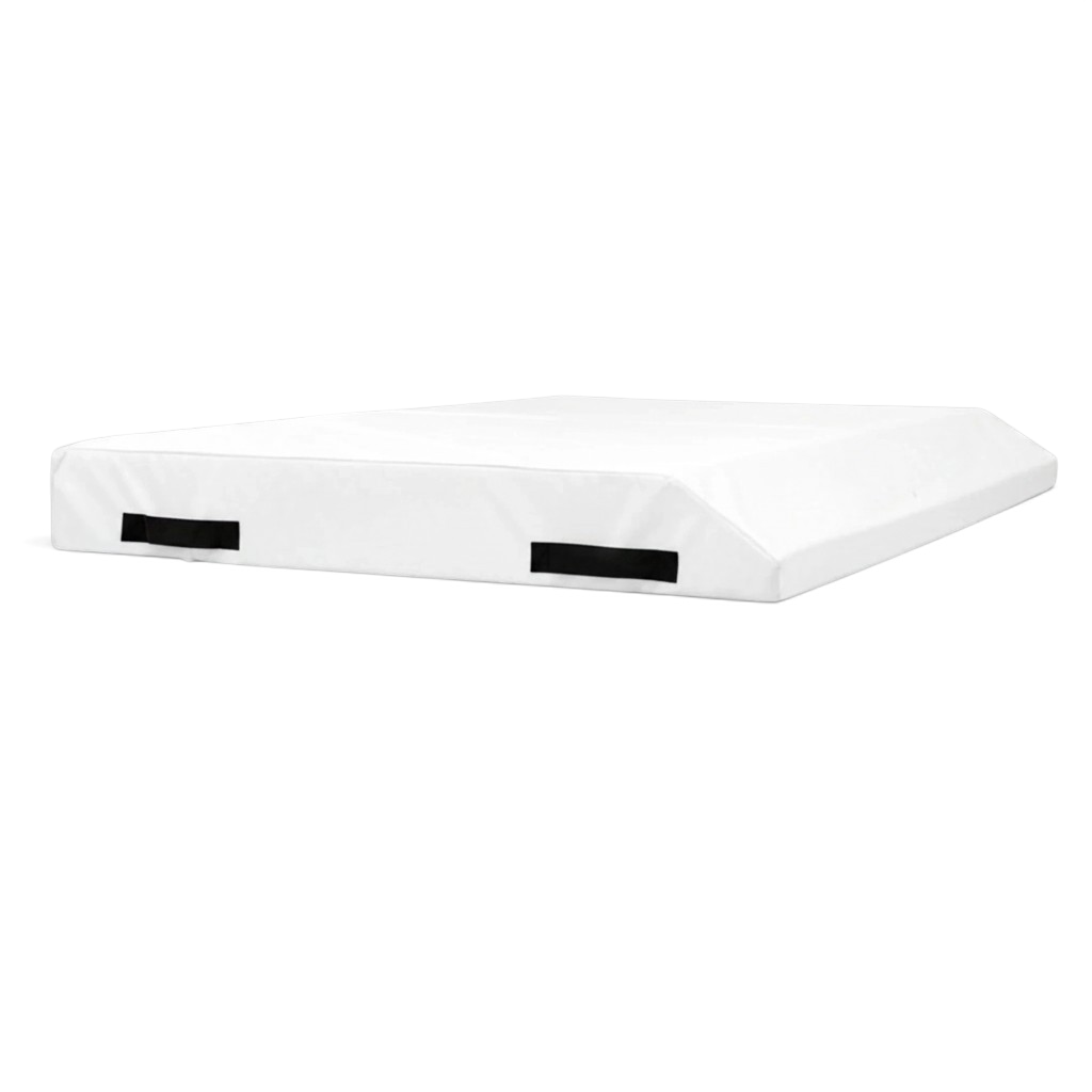 UK Gym Pits white single wedge trampoline spotting end deck mat with black handles and reinforced PVC cover.