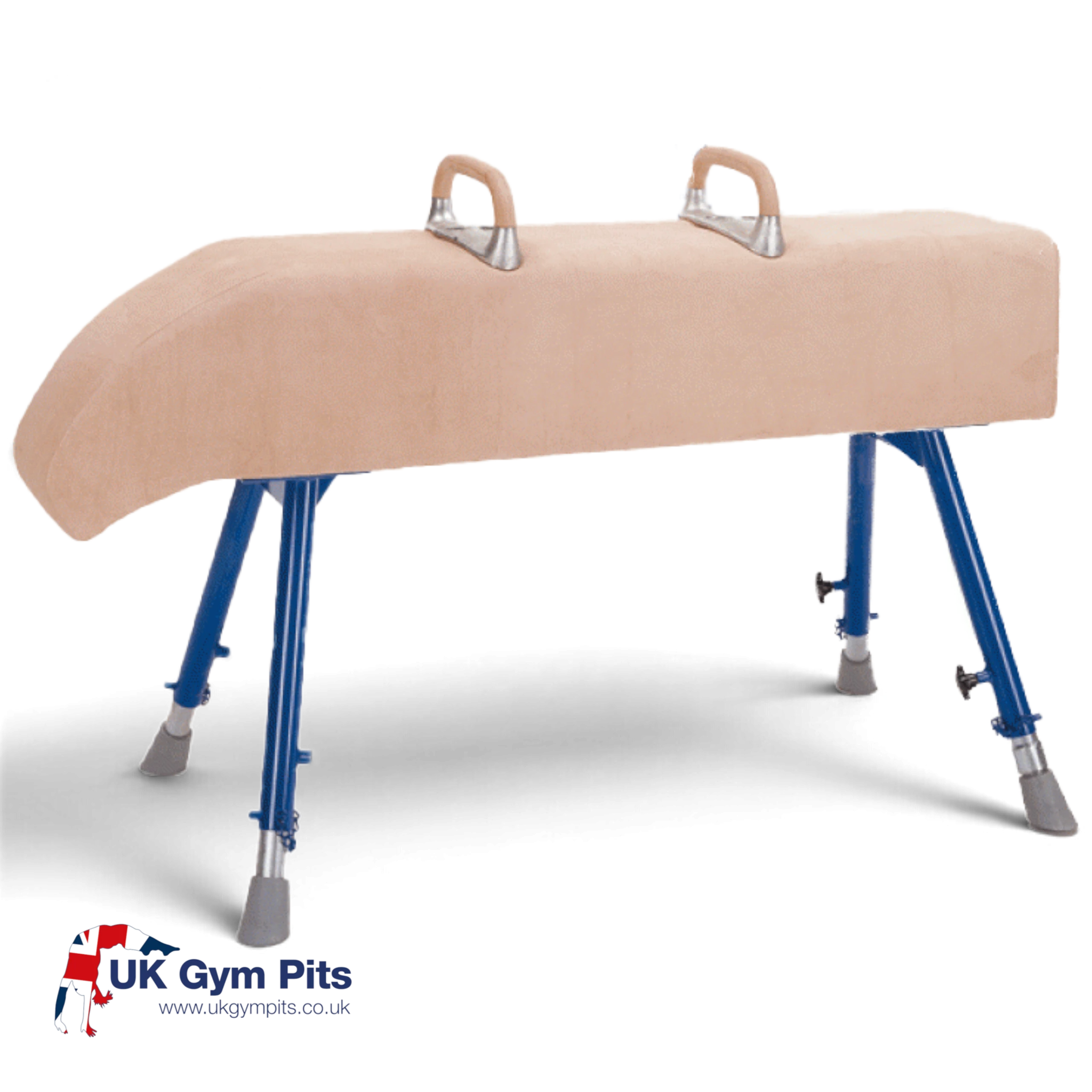 UK Gym Pits sloping neck vaulting horse with natural hide padding, blue steel frame, and removable FIG pommels.