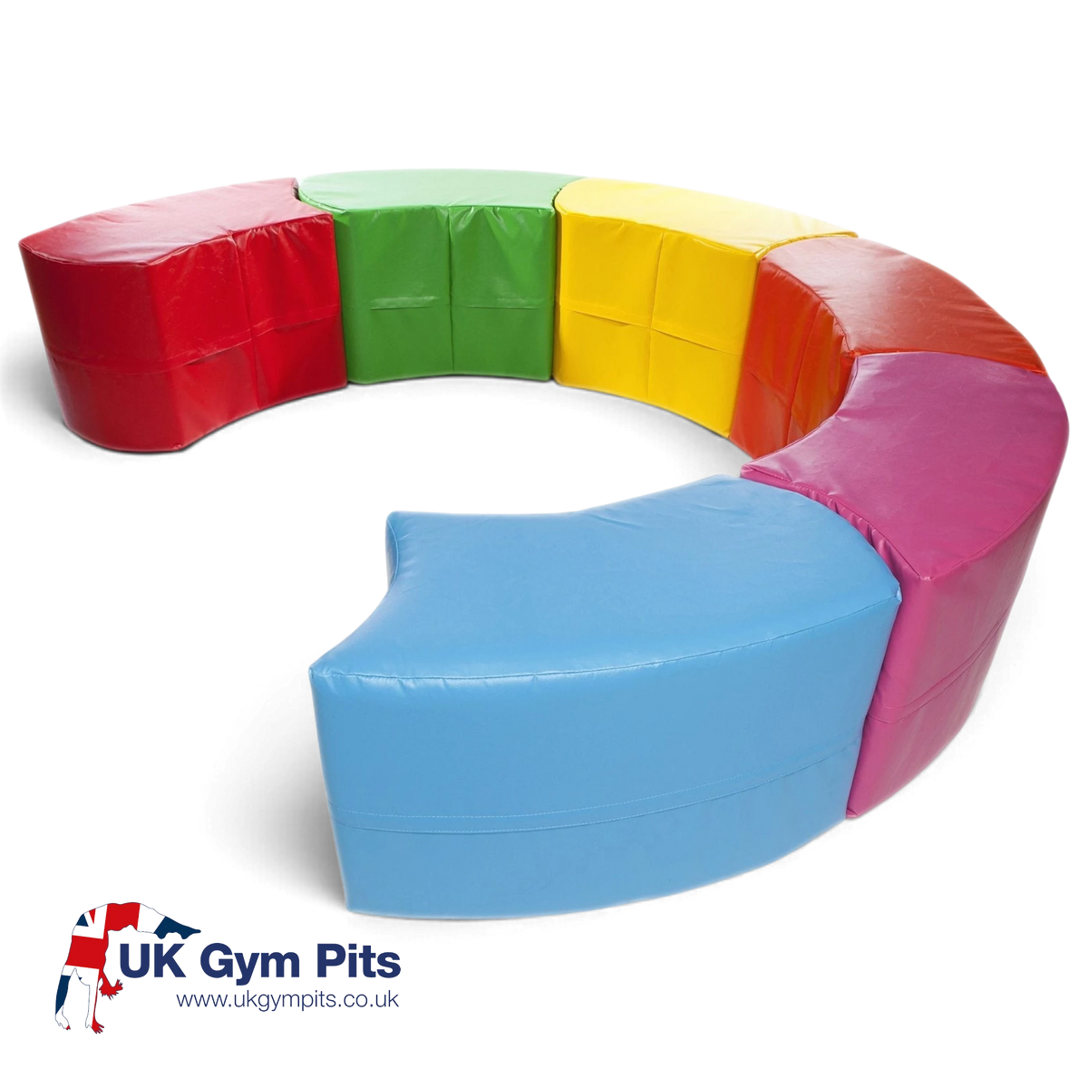 UK Gym Pits snake modular soft play seating set in six vibrant colours made from easy-to-clean vinyl for children.