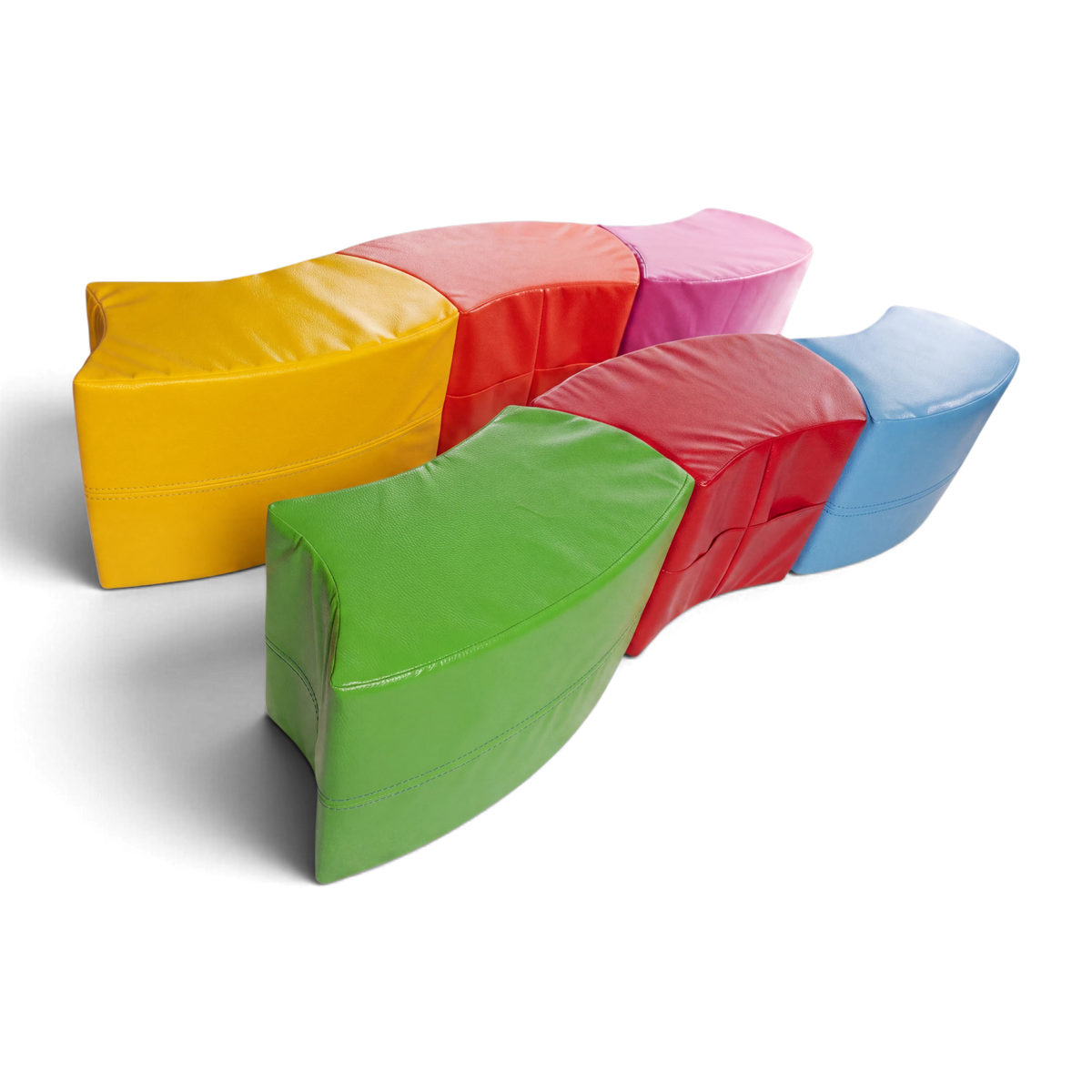 UK Gym Pits snake modular seating set of six colourful soft play vinyl foam blocks for children