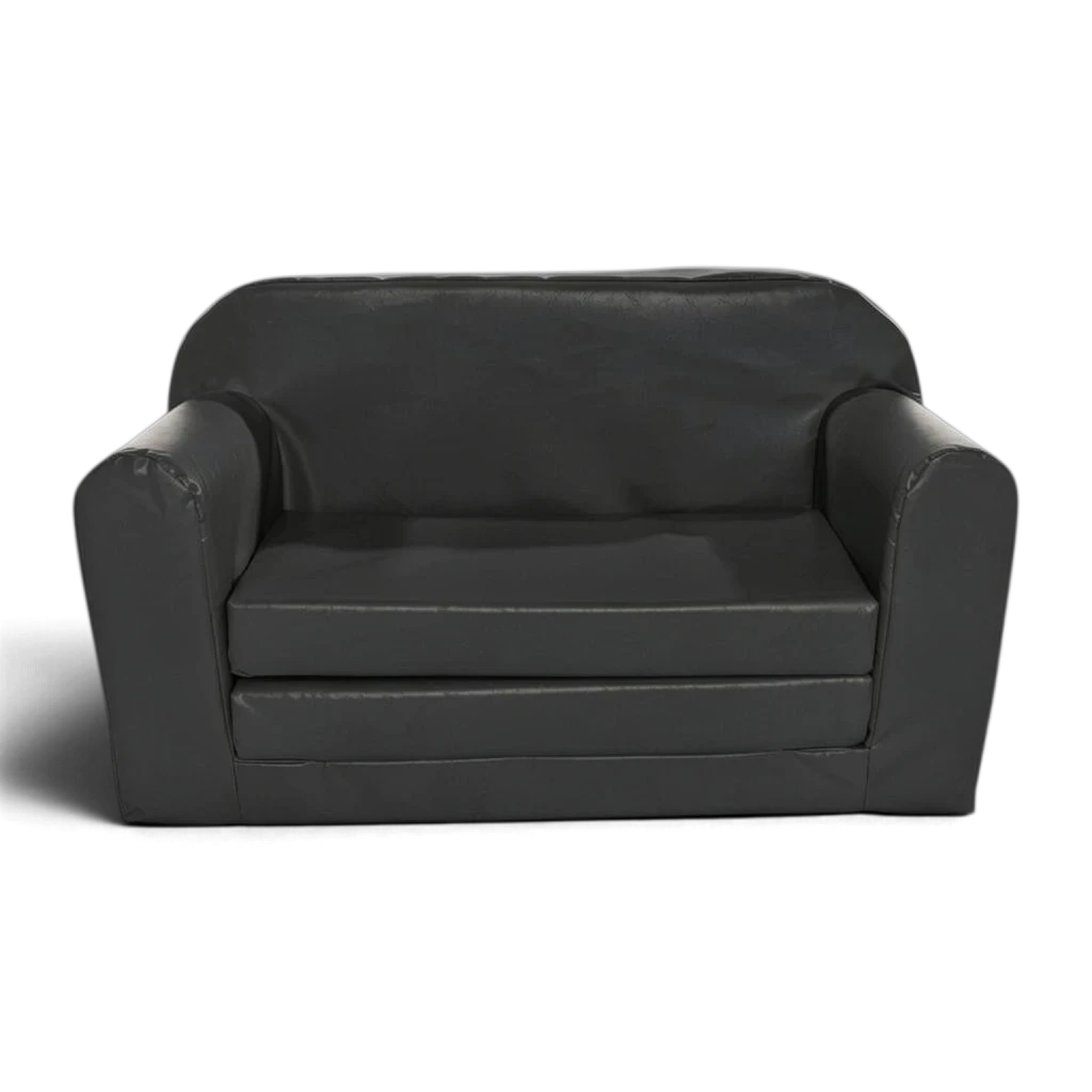 UK Gym Pits Snug Sofa Bed in dark grey vinyl, a convertible soft play seat for children in schools or at home.