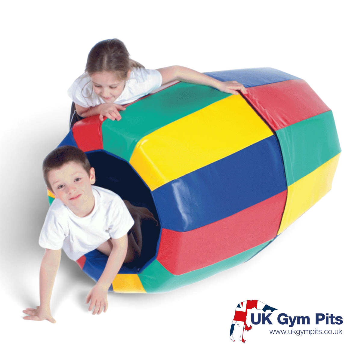 Two children playing with a multi-coloured soft play barrel from UK Gym Pits for gymnastics and motor skill development