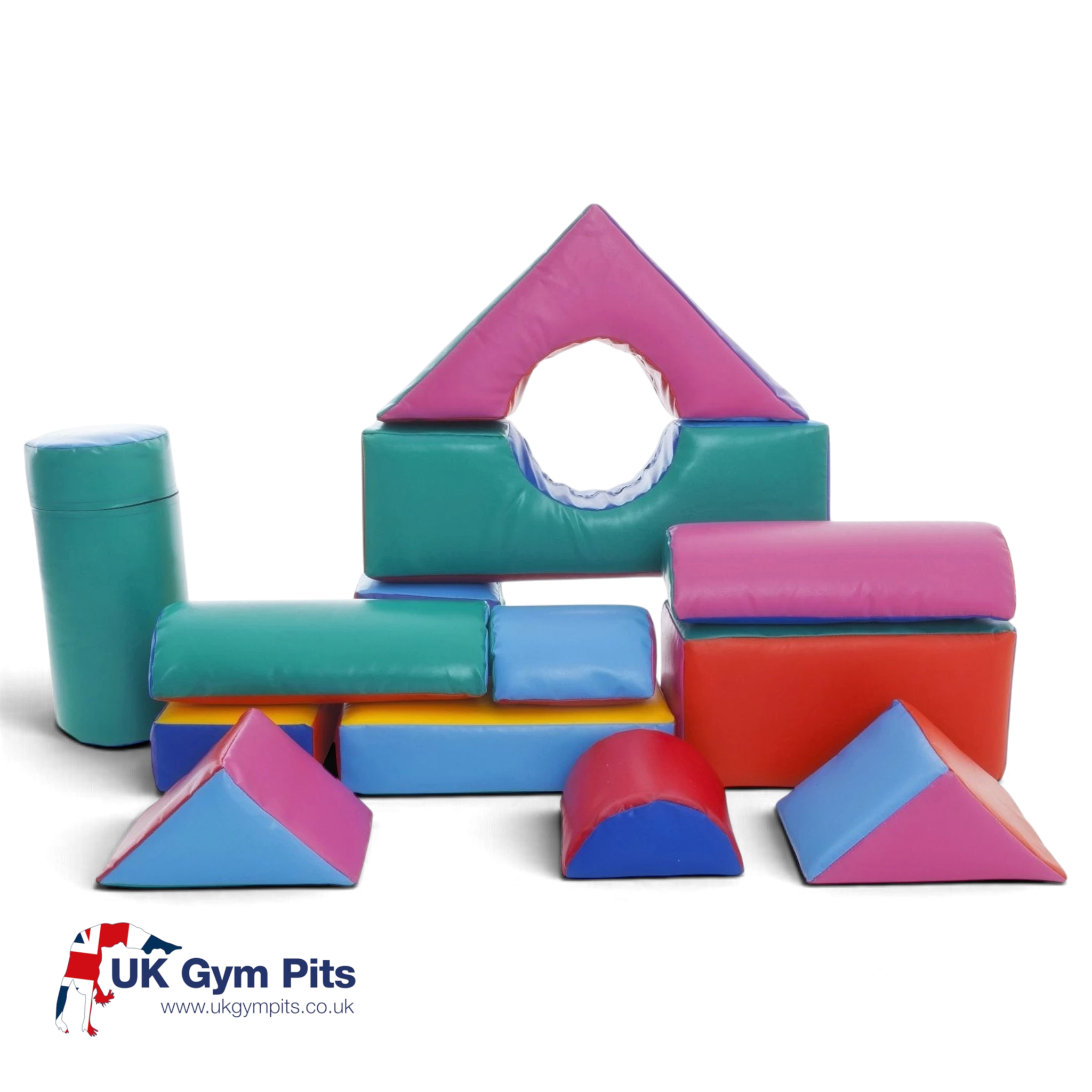 UK Gym Pits soft play construction set with 14 assorted colourful vinyl foam building shapes for children