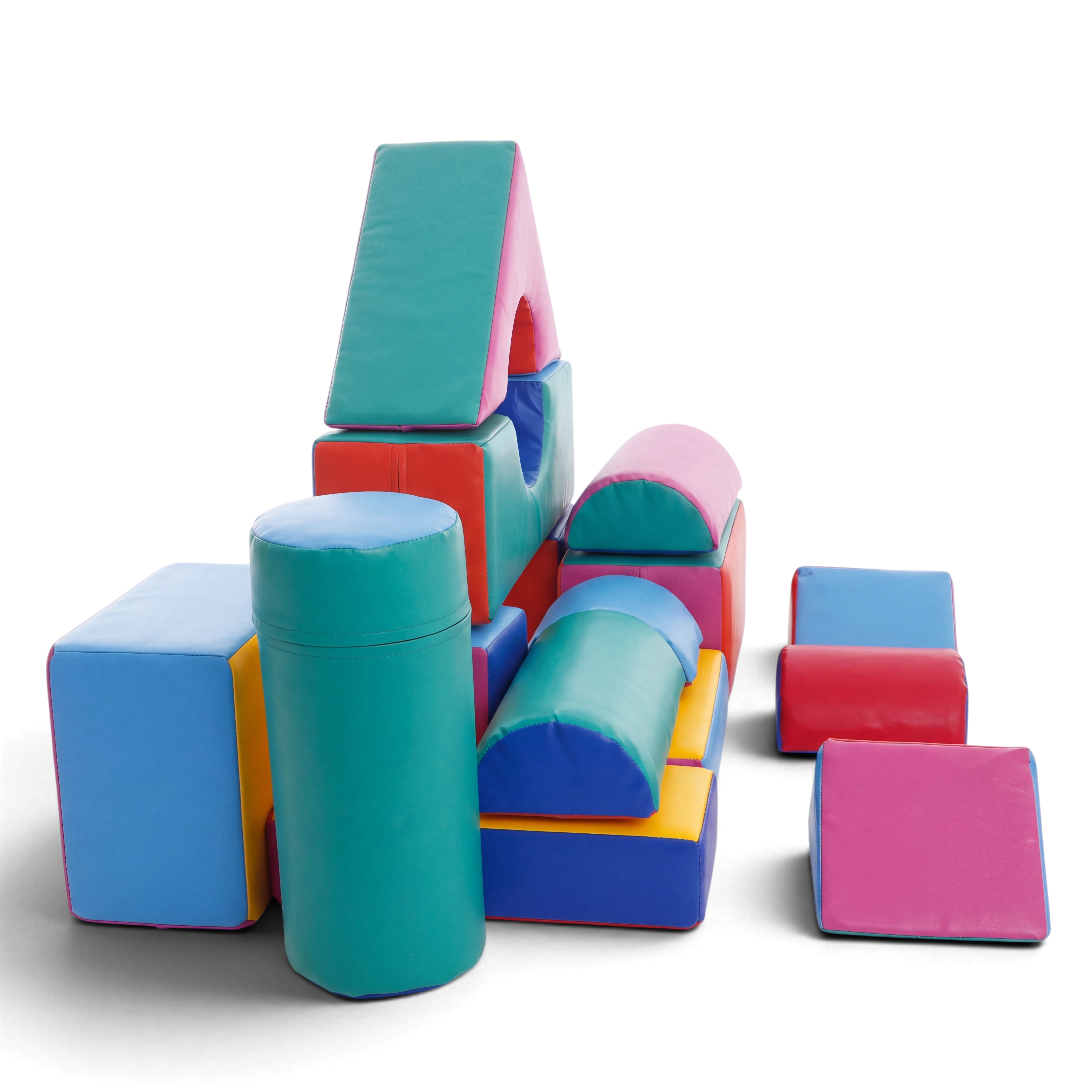 UK Gym Pits soft play construction set with 14 assorted foam building shapes in vibrant multi-coloured PVC fabric