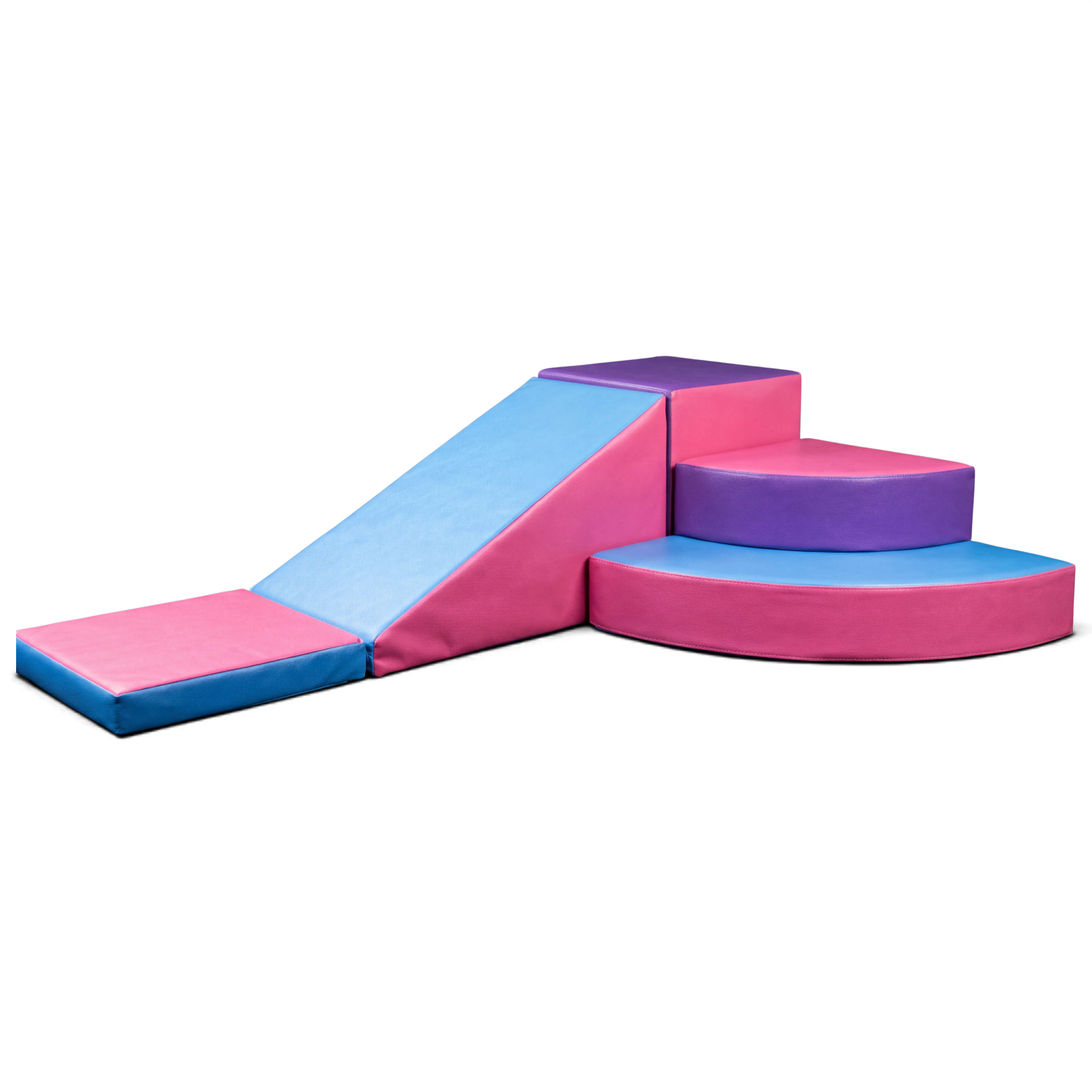 UK Gym Pits 5-piece soft play corner set in pink, blue, and purple vinyl for children's motor skill development.