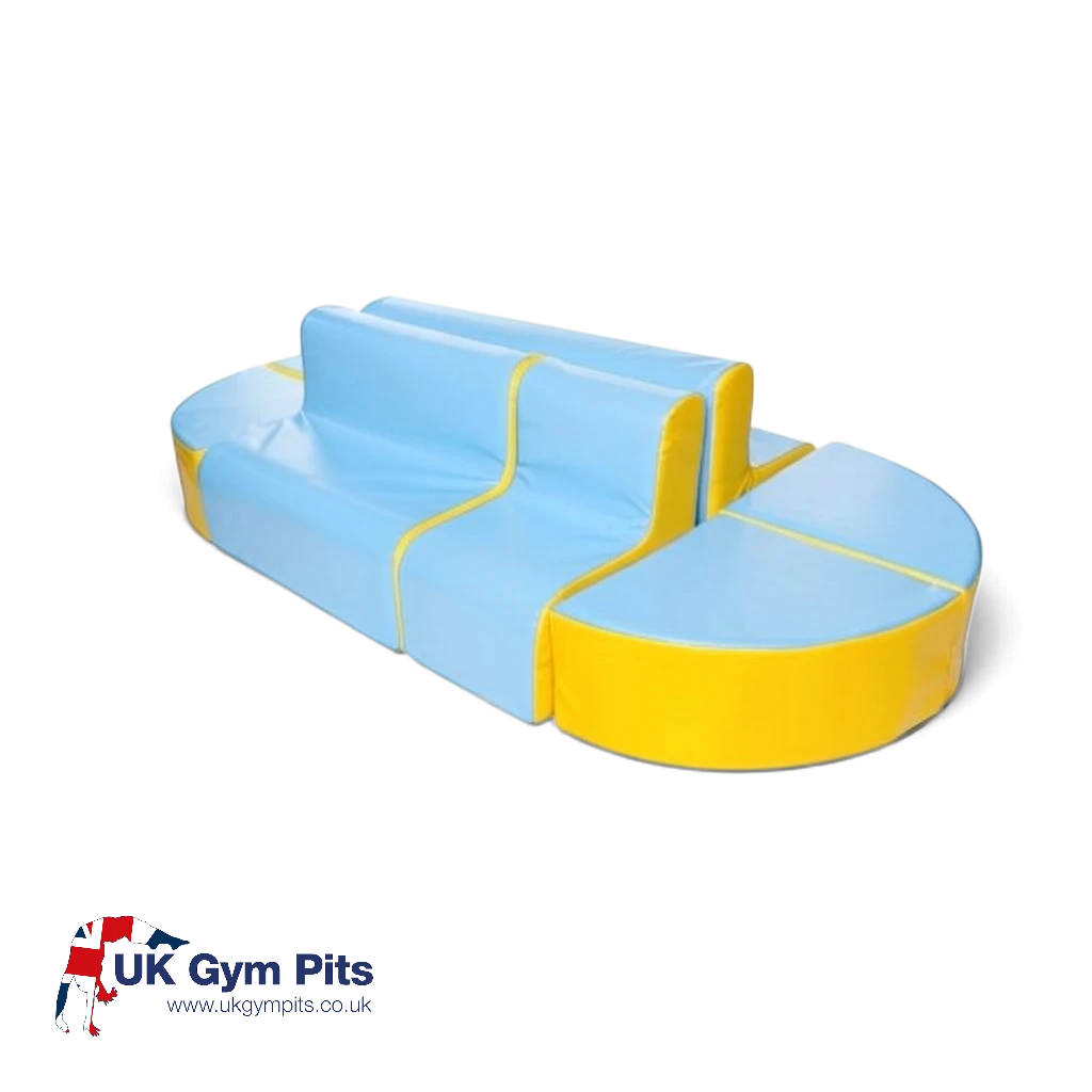 UK Gym Pits soft play island furniture set in blue and yellow vinyl for schools and nurseries