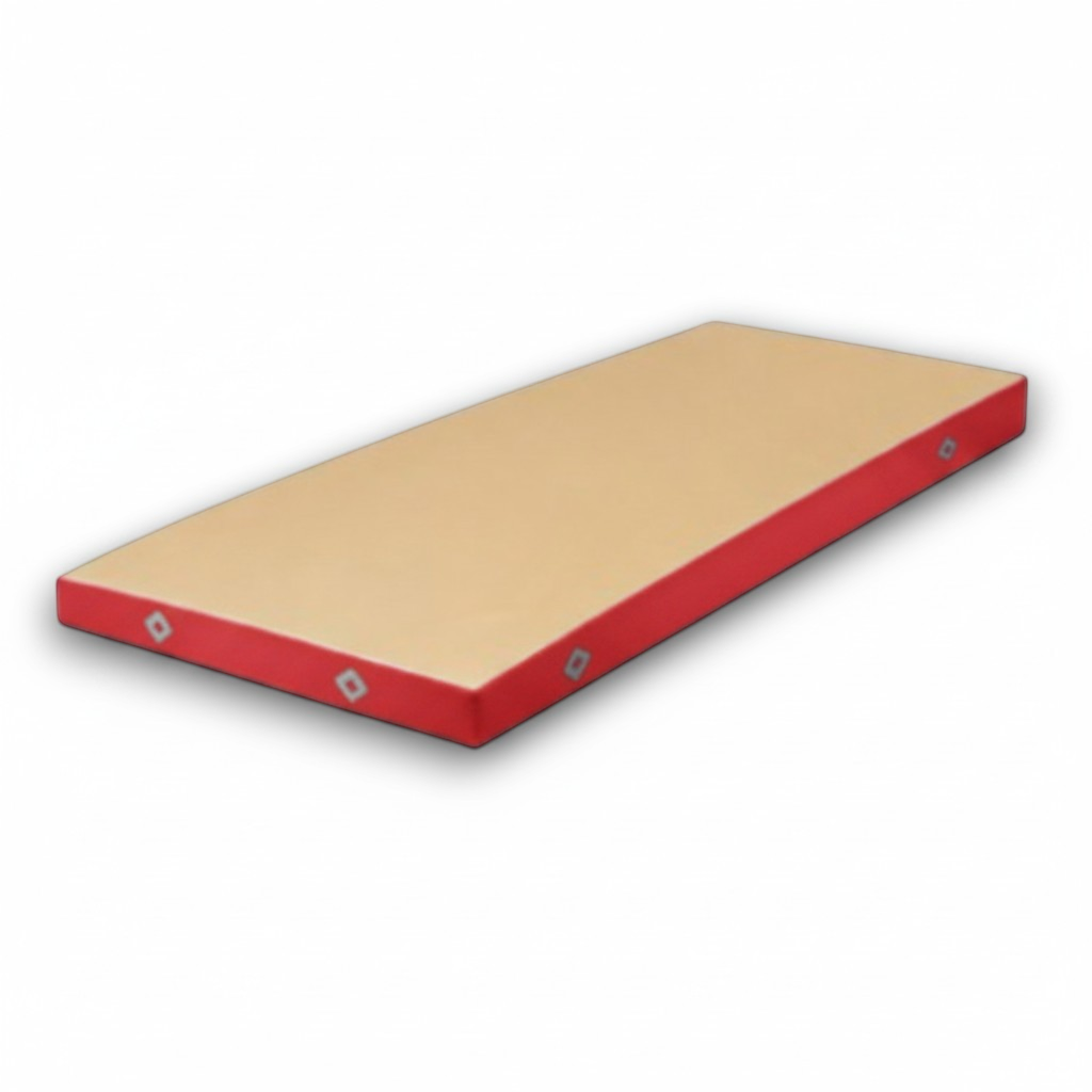 UK Gym Pits FIG approved soft topper gymnastics landing mat with a beige jersey top and red PVC sides.