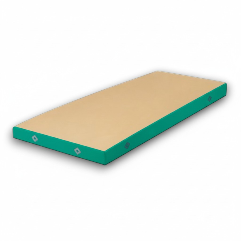 UK Gym Pits FIG approved soft topper landing mat with a beige jersey top and green PVC sides for gymnastics training.