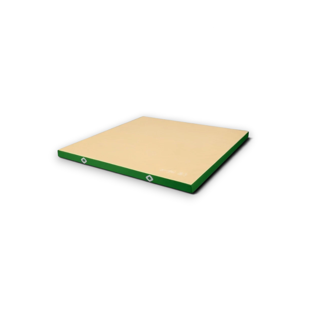 UK Gym Pits FIG approved soft topper gymnastics landing mat with beige jersey top and green PVC sides.