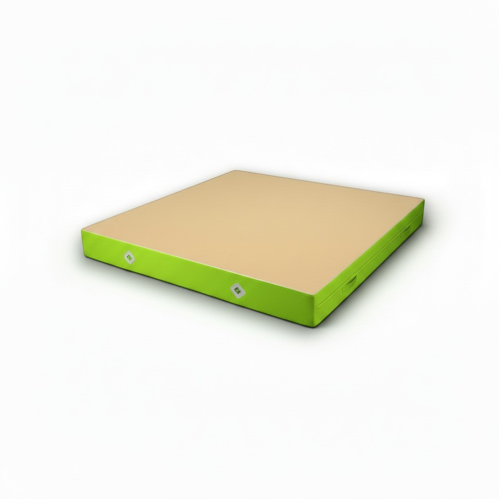 UK Gym Pits FIG approved soft topper gymnastics landing mat with a beige jersey top and bright green PVC sides.
