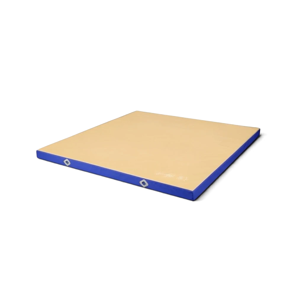 UK Gym Pits FIG approved soft topper landing mat with a beige jersey top and blue PVC sides for gymnastics training.