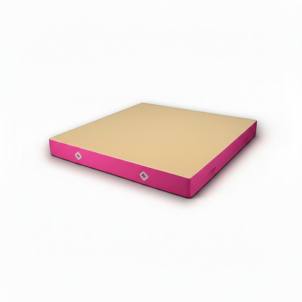 UK Gym Pits FIG approved soft topper gymnastics landing mat with a beige top and pink PVC sides on a white background