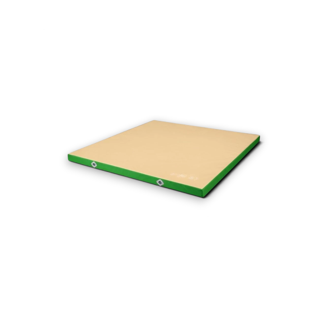 UK Gym Pits FIG approved soft topper landing mat with a beige jersey top and green PVC sides for gymnastics training.