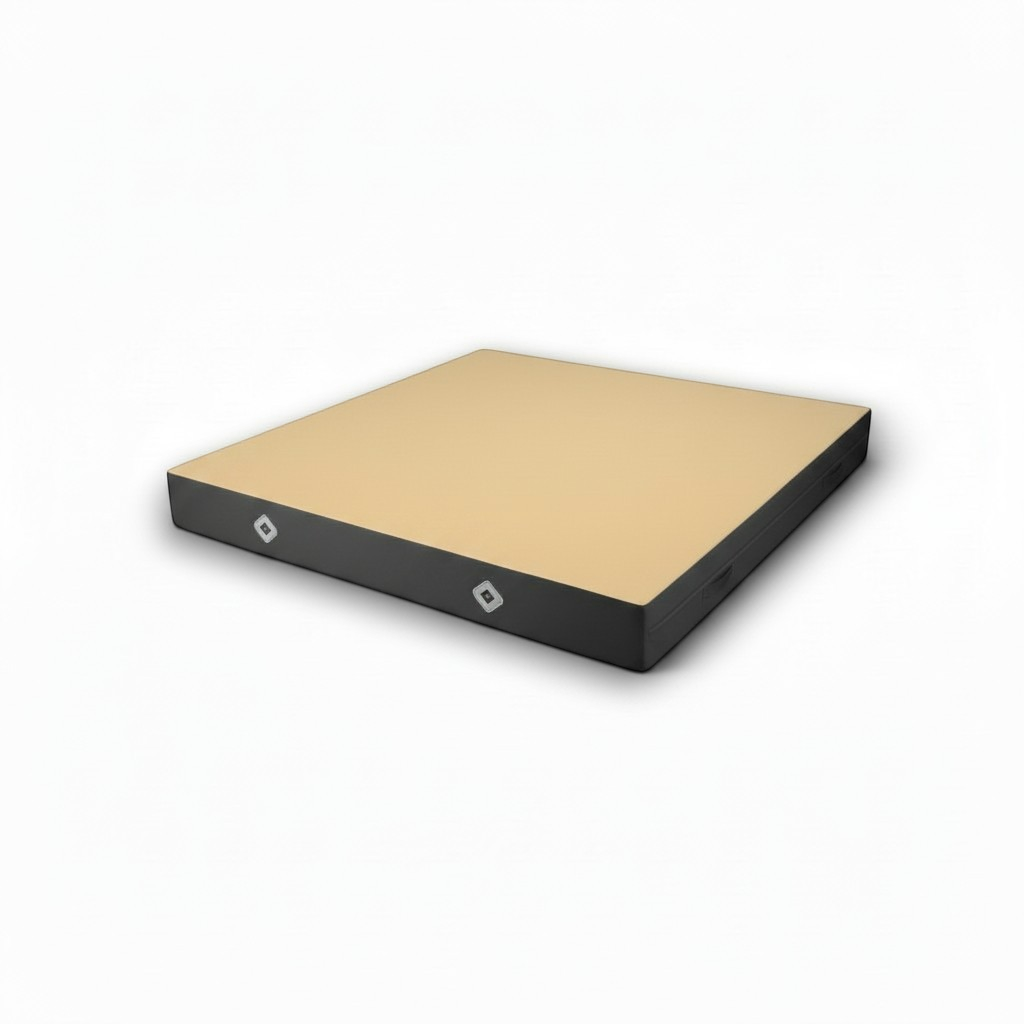 UK Gym Pits FIG approved soft topper landing mat with a beige jersey fabric top and black PVC sides for gymnastics.