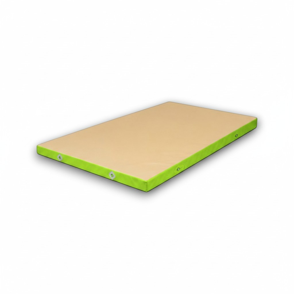 UK Gym Pits FIG approved soft topper landing mat with a beige jersey fabric top and bright green PVC vinyl sides.
