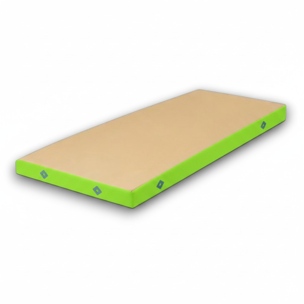 UK Gym Pits FIG approved soft topper landing mat with a beige jersey top and bright green PVC sides for gymnastics.