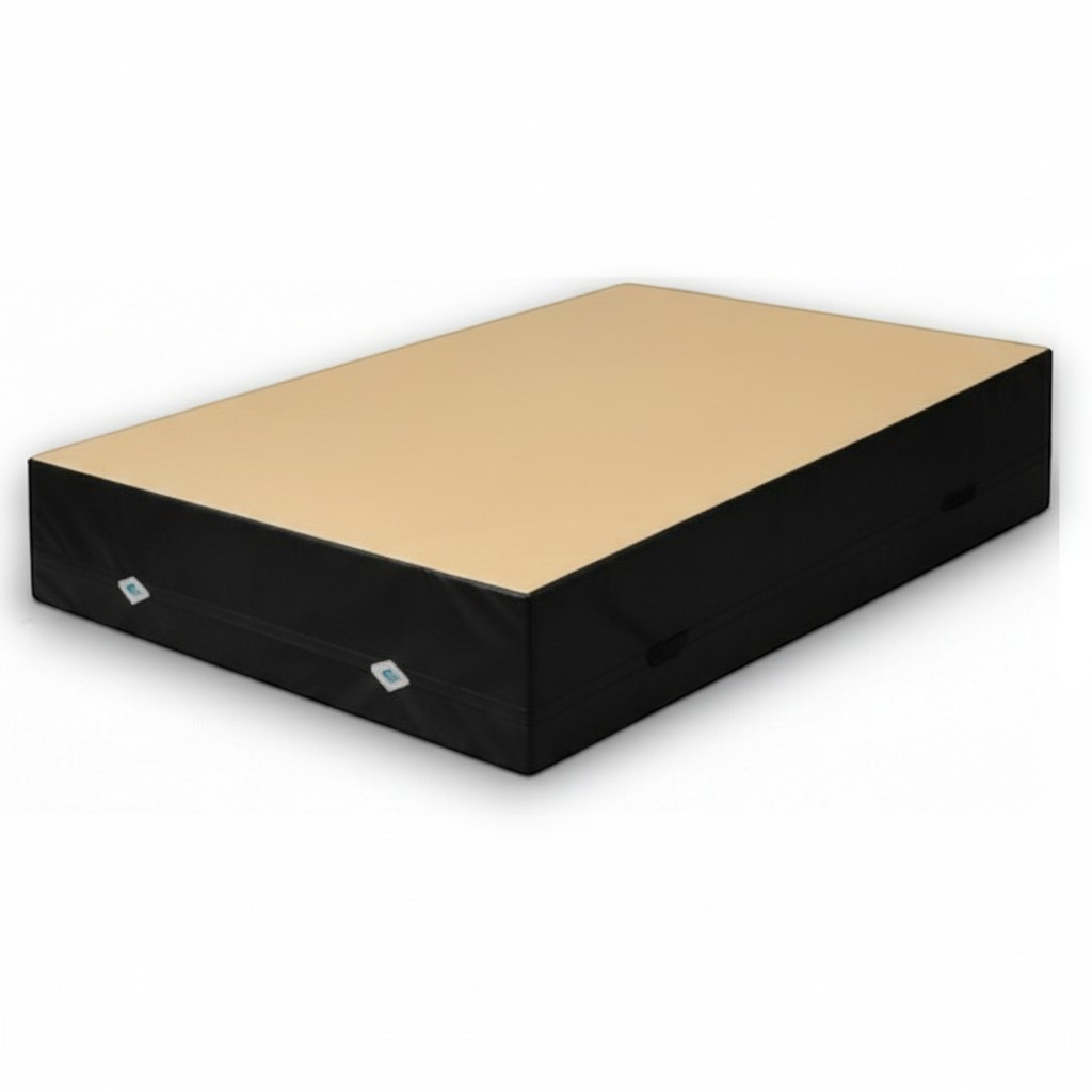 UK Gym Pits FIG approved soft topper landing mat with a beige jersey top and black PVC sides for gymnastics training.