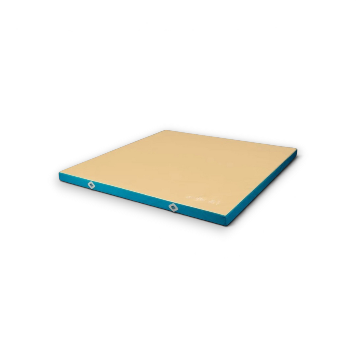 UK Gym Pits FIG approved soft topper landing mat with a beige jersey fabric top and blue PVC sides for gymnastics.