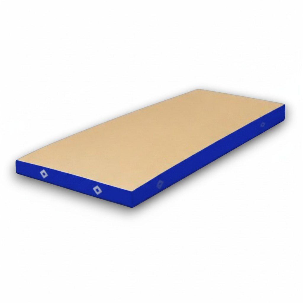 UK Gym Pits FIG approved soft topper landing mat with a beige jersey top and blue PVC sides for gymnastics training.