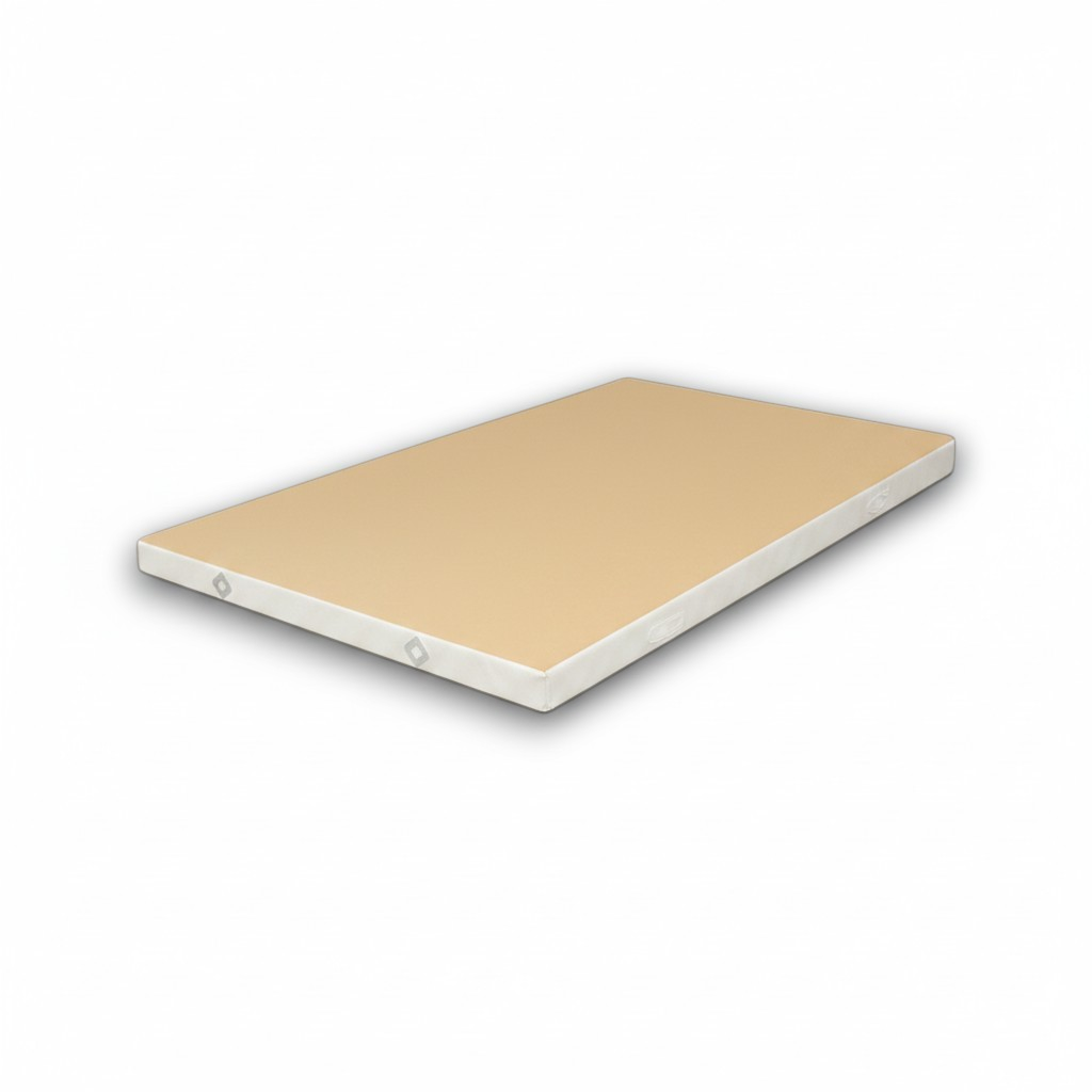 UK Gym Pits FIG approved soft topper gymnastics landing mat with beige jersey fabric top and white PVC sides.
