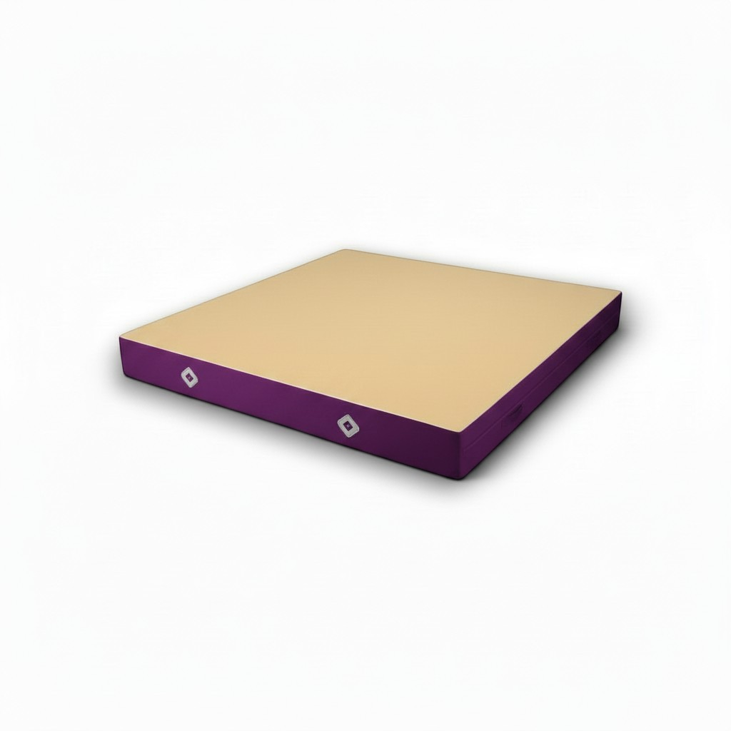 UK Gym Pits FIG approved soft topper gymnastics landing mat with a beige jersey top and purple PVC sides.