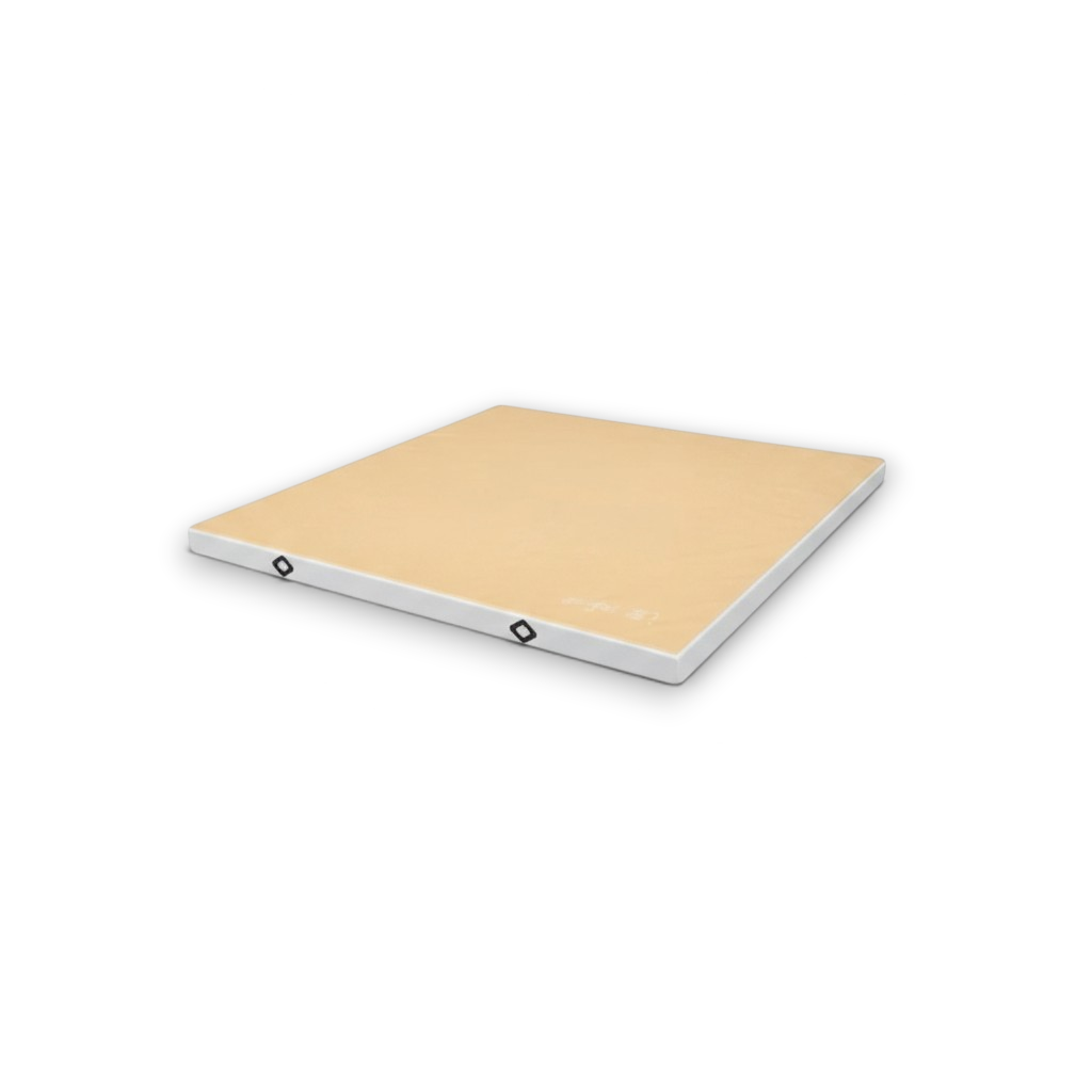 UK Gym Pits FIG approved soft topper landing mat with tan jersey fabric top and white PVC sides for gymnastics training