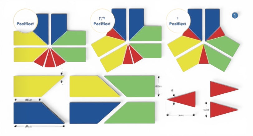 UK Gym Pits Spectrum climbing frame mat set showing three configuration layouts with blue, yellow, green, and red mats.