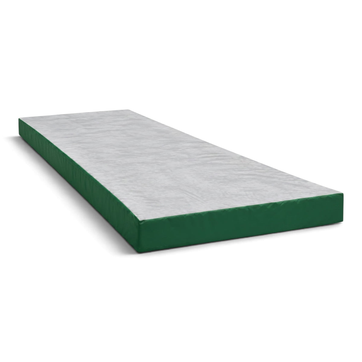 UK Gym Pits Splat Mat with a grey jersey fabric top and green PVC sides, designed for safe gymnastics landings.